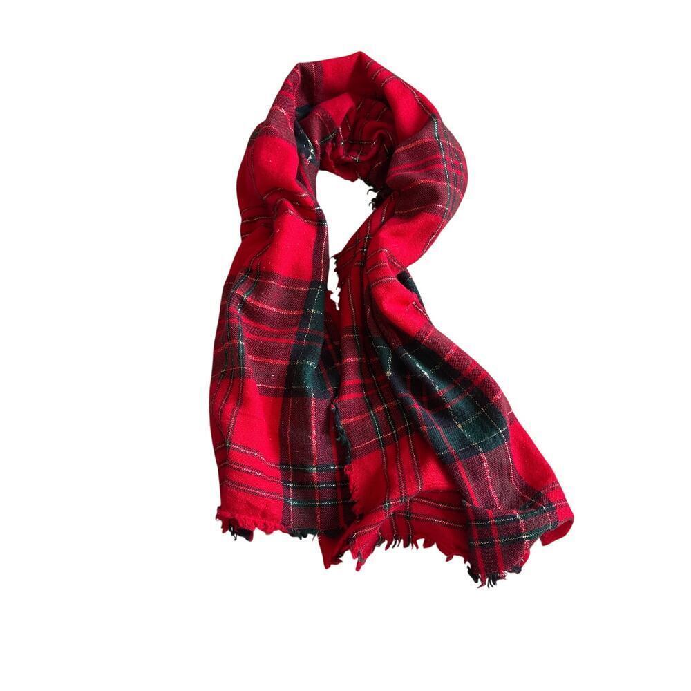 Red Plaid Oversized Scarf Wrap Fringe Edge